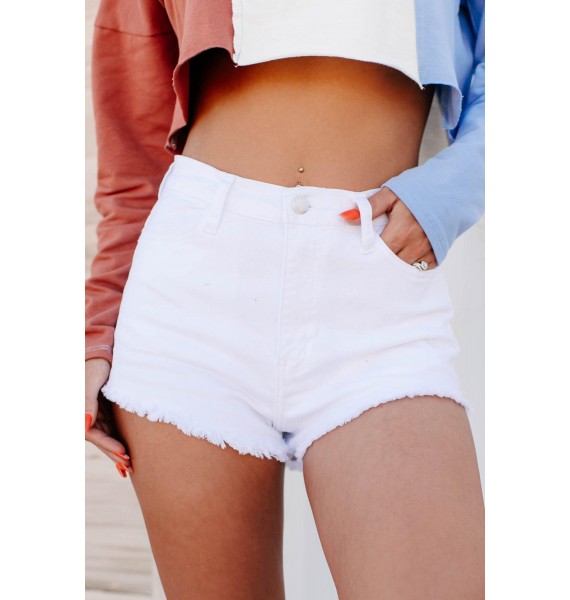 One Day At A Time High Rise Non-Distressed Frayed Hem Shorts (White)