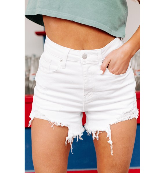 No Looking Back High Rise Distressed Risen Denim Shorts (White)