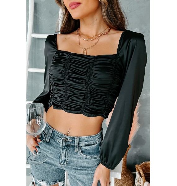 Bet On Us Ruched Satin Crop Top (Black)