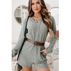 A Night At Home Long Sleeve Waffle Knit Romper (Grey Olive)