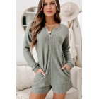 A Night At Home Long Sleeve Waffle Knit Romper (Grey Olive)