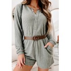 A Night At Home Long Sleeve Waffle Knit Romper (Grey Olive)