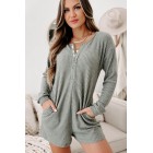 A Night At Home Long Sleeve Waffle Knit Romper (Grey Olive)