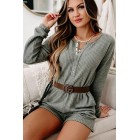 A Night At Home Long Sleeve Waffle Knit Romper (Grey Olive)