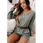 A Night At Home Long Sleeve Waffle Knit Romper (Grey Olive)