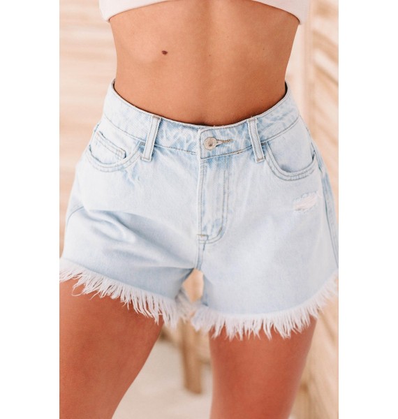 Eileen Flying Monkey High Rise Fringe Hem Denim Shorts (Light)