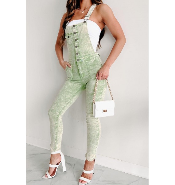 Holland Acid Wash Skinny Overalls (Sage)