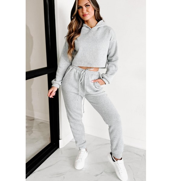 Living Comfortably Crop Hoodie & Joggers Set (Heather Grey)