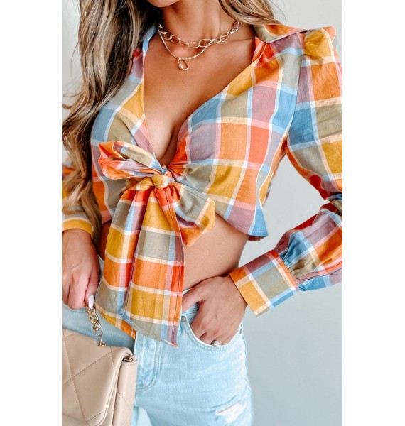 Change My Mind Plaid Cropped Wrap Top (Orange Multi)