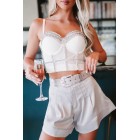 Building My Empire Rhinestone Mesh Bustier Crop Top (White)