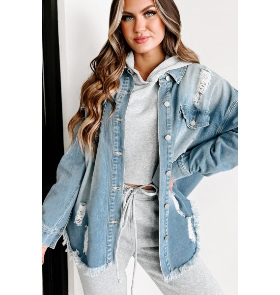 Anything For You Distressed Denim Shacket (Blue)