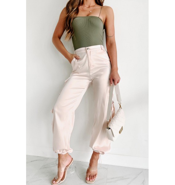 A Step Above Average Satin Cargo Pants (Champagne)