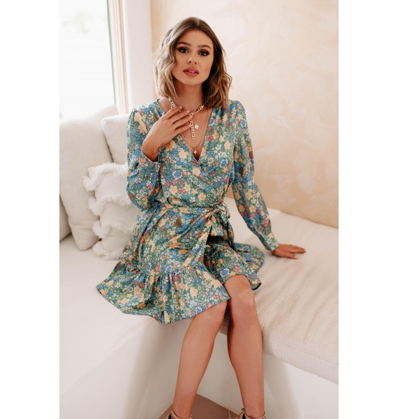 Finding My Passion Floral Wrap Dress (Dusty Green/Multi)