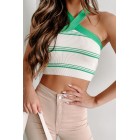 A Retro Moment Striped Halter Crop Top (Green)