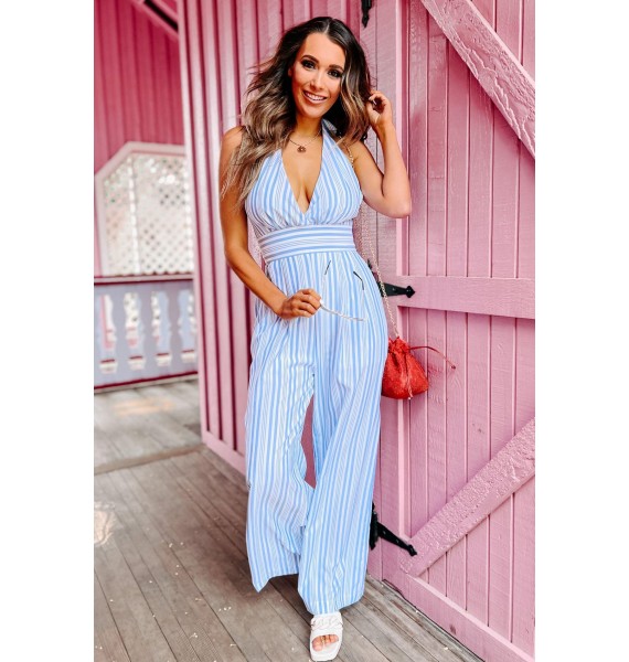 Sweetly Said Striped Halter Neck Jumpsuit (Ivory/Blue)