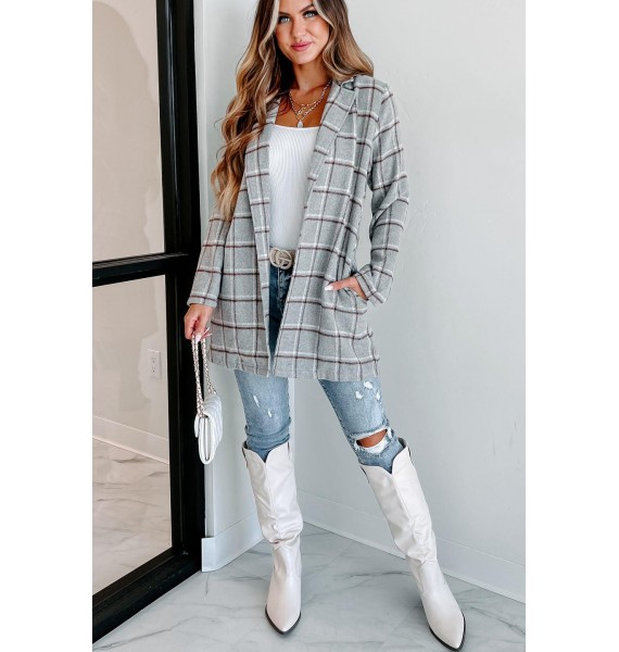 Fact Checker Plaid Open Front Coat (Heather Grey)
