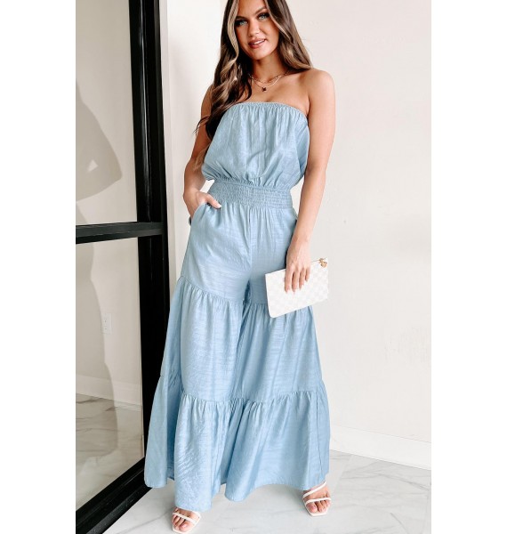 Love Beyond Expectation Tiered Strapless Jumpsuit (Chambray)