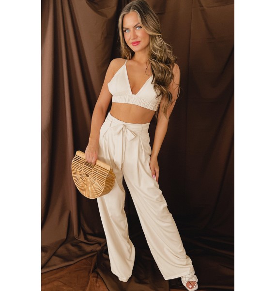 Chic Selections Crop Top & Wide Leg Pants Set (Cream)