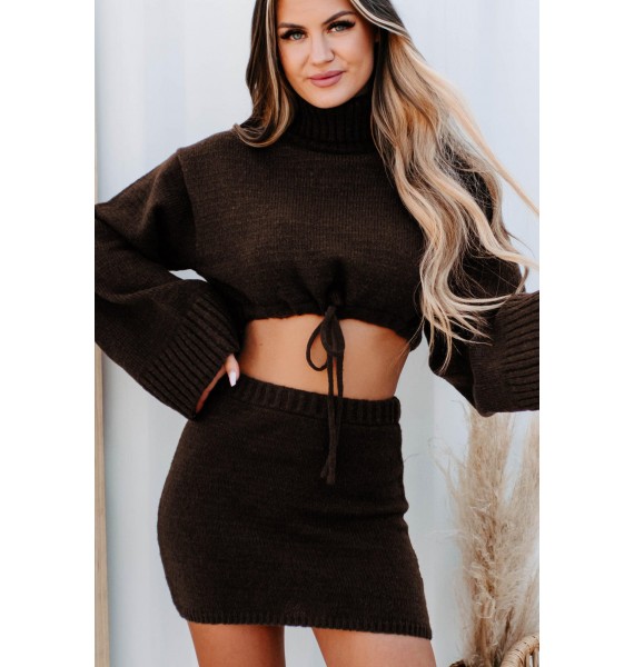 Change In The Weather Sweater Knit Crop Top & Skirt Set (Dark Chocolate)