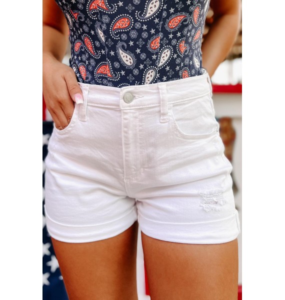 Crisp & Clean High Rise Sneak Peek Cuffed Denim Shorts (White)