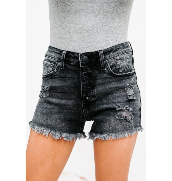 Wilhelmina High Rise Button-Down Distressed Denim Shorts (Washed Black)