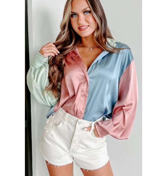 Feeling Alive Colorblock Button Front Long Sleeve Top (Blue Multi)