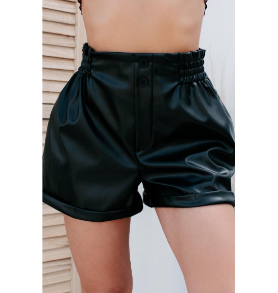 Full Of Drama Cuffed Faux Leather Shorts (Black)