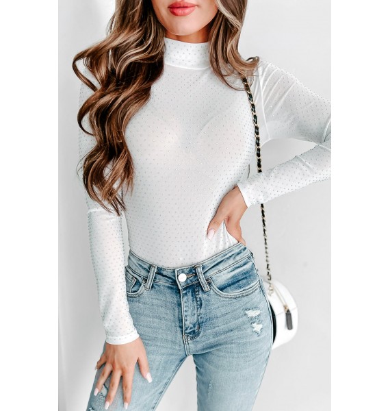 Spurs & Sparkles Rhinestone Mesh Mock Neck Bodysuit (White)