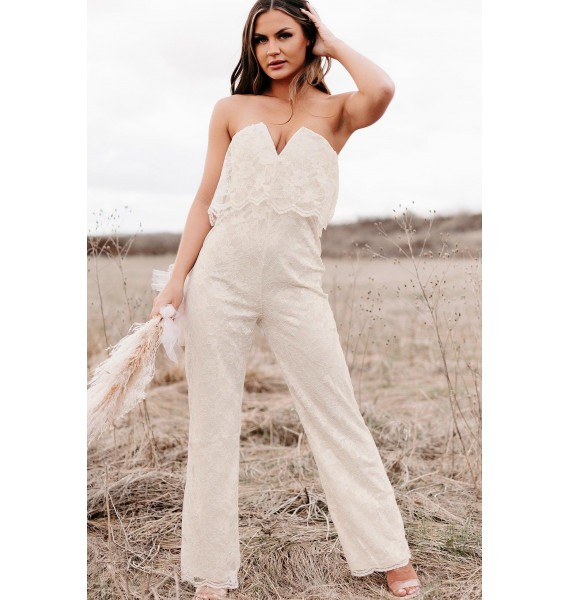 A Classic Feeling Strapless Lace Jumpsuit (Cream)