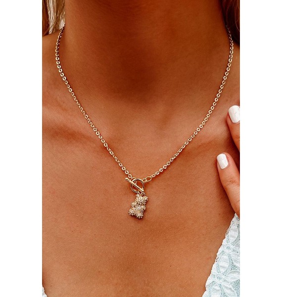 Beary Sweet Rhinestone Bear Charm Necklace (Gold)