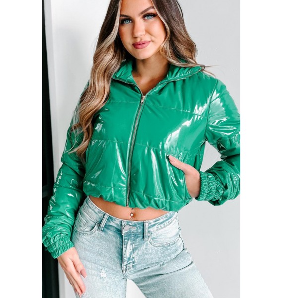 Big City Streets Patent Leather Puffer Jacket (Kelly Green)