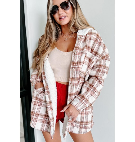 Around The Fire Sherpa Lined Hooded Plaid Jacket (Cream/Red)