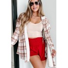 Around The Fire Sherpa Lined Hooded Plaid Jacket (Cream/Red)