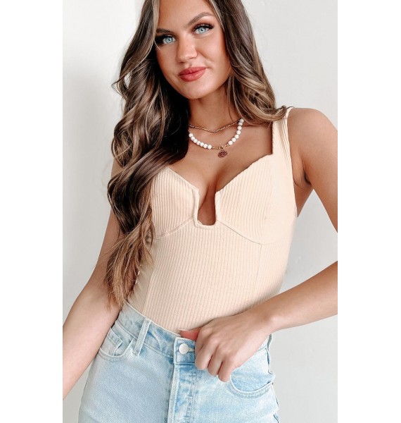 Guarded Expressions Ribbed Tank Bodysuit (Light Beige)