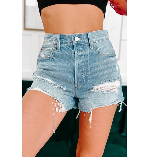 Shrewd Thoughts High Rise Button-Fly Distressed Cello Mom Shorts (Light Denim)