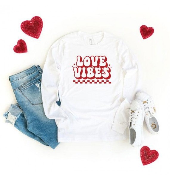 Love Vibes Checkered Graphic Long Sleeve Top (Multiple Color Options)