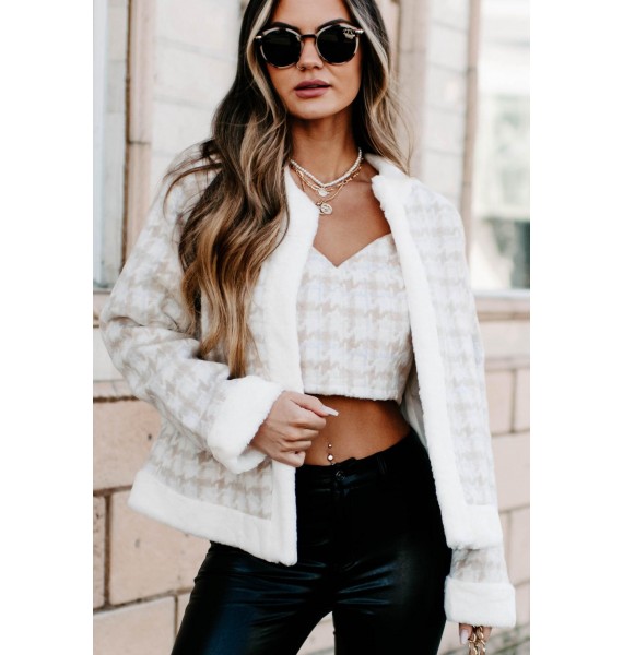 Gifted With Grace Houndstooth Fur Trimmed Jacket (Cream)