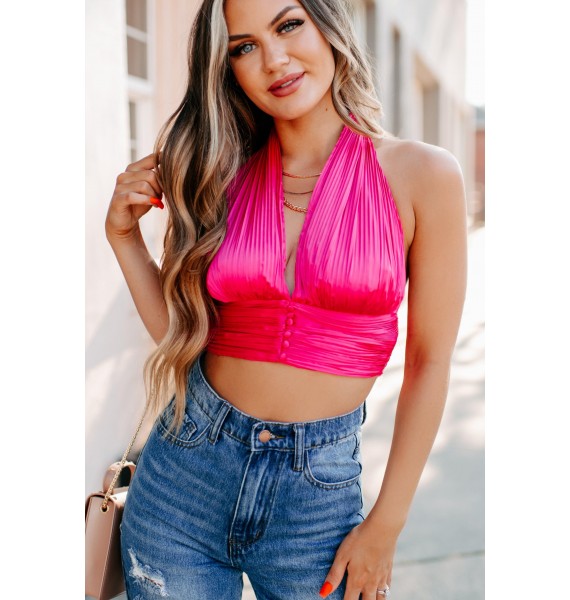 Fevered Dream Pleated Halter Crop Top (Pink)