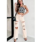 A True Visionary Checkered Halter Crop Top (Black/White)