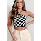 A True Visionary Checkered Halter Crop Top (Black/White)