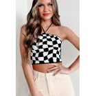 A True Visionary Checkered Halter Crop Top (Black/White)