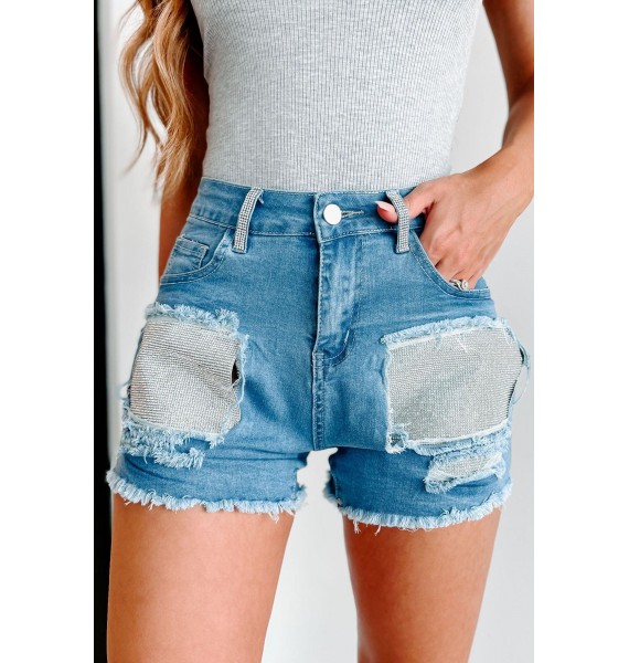 Extra Is Better Rhinestone Embellished Distressed Denim Shorts (Blue)