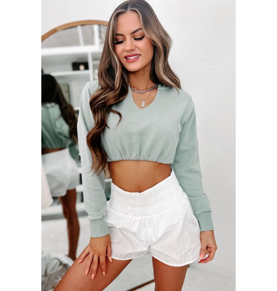 All Over Again Cinched Cropped Hoodie (Sage)