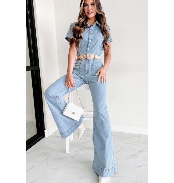 Repeat The Past Flared Denim Jumpsuit (Light Denim)