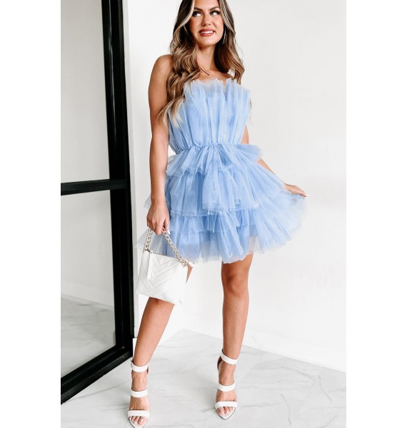 Confidence Queen Strapless Tiered Tulle Dress (Blue)