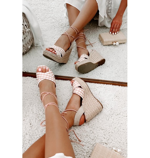 So Sweet Gingham Ankle Tie Wedge (Peach/White)