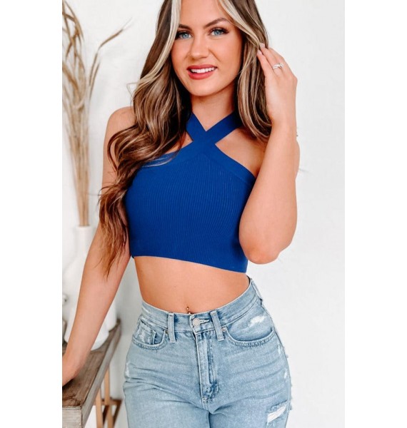 Darling Of Mine Ribbed Halter Crop Top (Royal Blue)