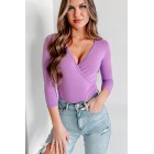 Bold Move Three-Quarter Sleeve Surplice Bodysuit (Dark Lilac)