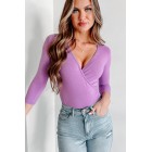 Bold Move Three-Quarter Sleeve Surplice Bodysuit (Dark Lilac)