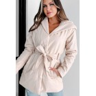 Wintry Winds Hooded Faux Leather Puffer Coat (Beige)